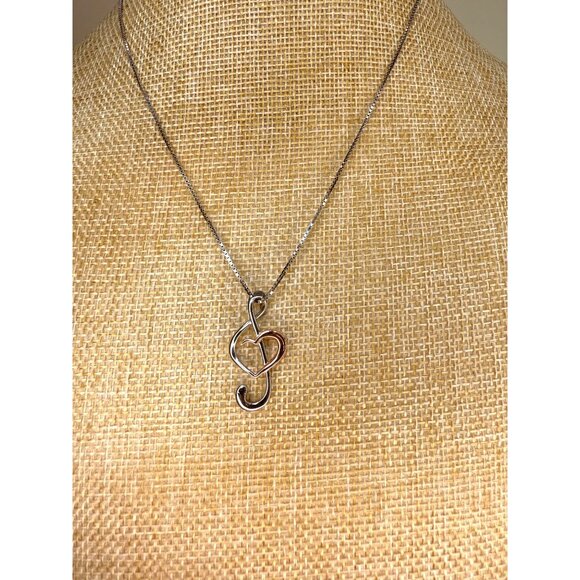 Treble Clef Sterling Silver & Rose Gold Plated Treble Clef Heart Necklace - Picture 6 of 10